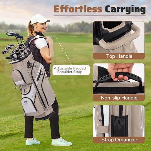 Goplus Lightweight Golf Cart Bag, Molded Lock Top Golf Club Bag w/14-Way Full Length Organizer Dividers, 11 Pockets, Cooler Bag, Straps, Umbrella Holder & Rain Hood for Men Women - color: Khaki+White