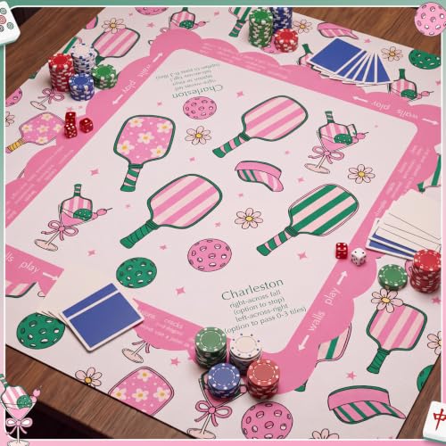 Pink Dickleball Martini Mahjong Mat with Rules 31.5" x 31.5" | Preppy Floral Design, Non-slip Noise Reduction, Mahjong Game Table Cover for Poker Board, Card Games, Dickleball Lovers Gifts - style: Preppy Pink