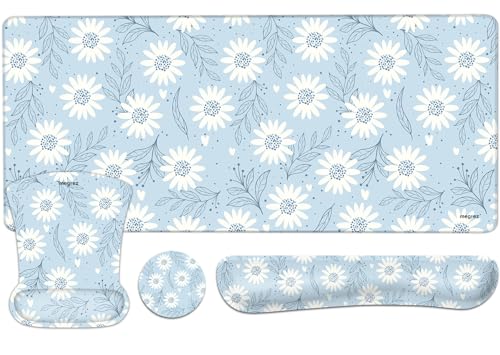 MEGREZ 4-in-1 Mouse Pad with Wrist Rest Ergonomic Memory Foam Desk Mat Set | ergonomic, anti-slip base, 4pcs set, desk pad, mouse wrist rest, keyboard rest, coaster, ideal for office & gaming - color: Daisy