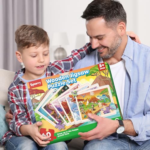 SYNARRY Wooden Dinosaur Puzzles for Kids Ages 4-6, 6 Packs 60 PCs Jigsaw Puzzles Educational Toys Gifts for Children Ages 4-8, Easter Basket Stuffers Gifts Toys for Kids