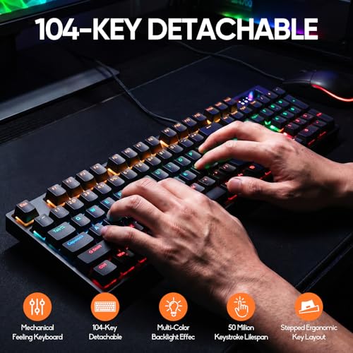 Guiheng Wired Mechanical Gaming Keyboard with Blue Switch, 104-Key Full Size RGB Backlit Wired Keyboard, Anti-Ghosting, Double-Shot ABS Keycaps, Lighted Computer Keyboard for PC Windows-Black