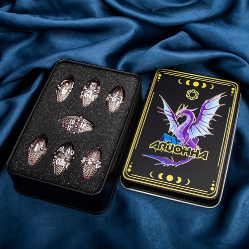 ARUOHHA DND Metal Dice Blood Splatter Dragon Egg Dice with Metal Box, Role Playing Game RPG Polyhedral D and D Dice Set D20 D12 D10 D8 D6 D4 - color: Bloodsplatter-02