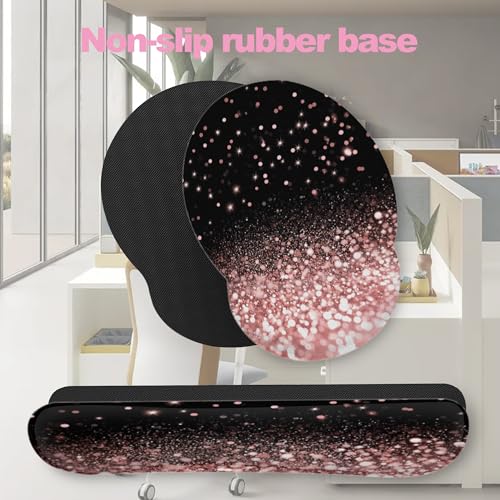 Rose Gold Glitter Mouse Pad with Wrist Rest and Keyboard Wrist Rest Set, Non-Slip Rubber Base Memory Foam Mouse Pad Set for Women, Office Desk Accessories, Gaming - color: Rose Gold Glitter