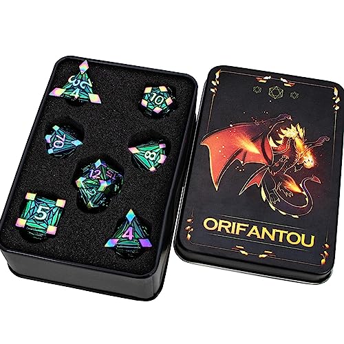7PCS Metal DND Dice Set with Box, Debris RPG Red D and D Dice for use with D&D Tabletop Games Role Playing Game Polyhedral Dice Set D20 D12 D10 D8 D6 D4 - color: Dazzling Green