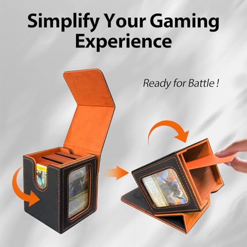Card Deck Box with MTG Commander Display, Fits 100 Double Sleeved Cards, Magnetic Deck Case compatible with TCG Black/Orange - color: Black/Orange