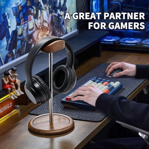 Headset Stand for Desk, Walnut Wood & Stainless Steel Universal Wooden Headphone Holder with Storage Base, Gaming Equipment Accessories, Desk Organizer, Gifts for Gamers Men Boyfriend