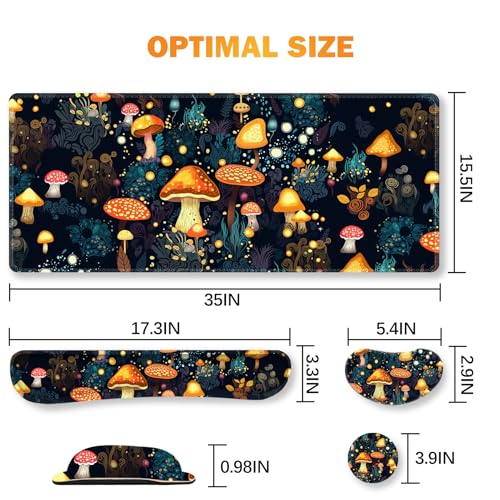 ARTSO Large Gaming Mouse Pad, Keyboard Wrist Rest Pad & Wrist Support Mousepad Set, Stitched Edge, Extended, Non-Slip Base, Memory Foam Desk Mat for Office, Home, Cute Mushrooms - color: Cute Mushrooms