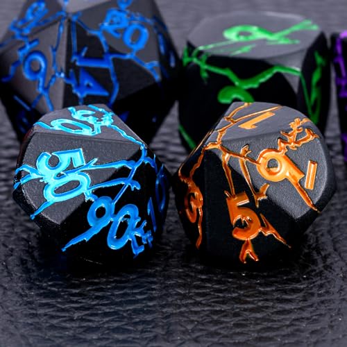 D&D Metal Dice Dungeons and Dragons Metal Dice Set with Cracks, Polyhedral Dice Set for RPG TTRPG D&D Die with Gift Case - color: Black and Coloured Cracks