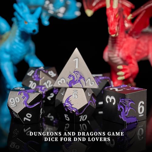 Metal Dice Set,7-Piece Dragon DND Dice for TTRPG,Black Purple | Dragon-Engraved Design,Heavy Zinc Alloy, Easy-to-Read Numbers,Magnetic Gift Box for DND Players,Gamers&Collectors - color: Black With Purple