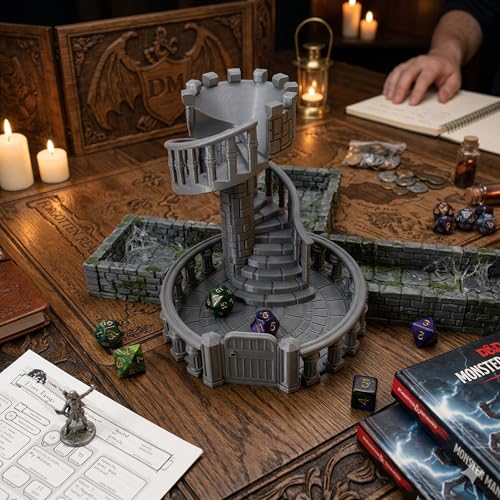 Dice Spiral Dark Castle Dice Tower Dungeons and Dragons RPG Tabletop Roleplaying Game Jail D&D (Random 7PCS D20 Dice Set Included) Silver - color: Silver