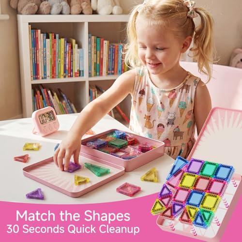 Mini Magnetic Tiles for Girls Travel: 60 PCS Pink Magnet Building Blocks in Tin Box to Stop Crying - 60 Mins Quiet Play 30s Cleanup Toy - Car Airplane Essentials Ages 3-8 - style: Pink 60PCS