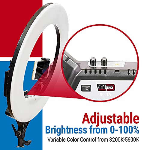 Vidpro RL-18 LED 18-Inch Ring Light Kit with Stand and Case - 55W Dimmable 3200-5600K Variable Color Control Ring Light Set Compatible with Most Cameras and Smartphones Perfect for Photography Live