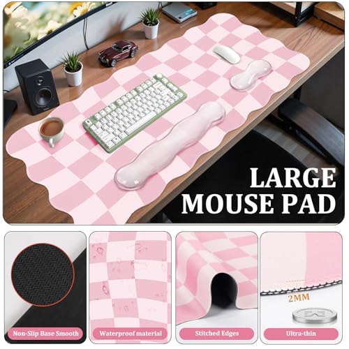 L-SPOUTTO Pink Checkered Mouse Pad Set,Scalloped XXL Desk Mat + Ergonomic Mouse Wrist Rest + Gel Keyboard Wrist Rest for Keyboard 65%/75%,3in1 Large Desk Pad for Desktop Home Office Computer Game - color: Pink Checkered