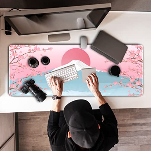 Aesthetic Japanese Cherry Blossom Desk Mat Cute Pastel Blue Color XL Sakura Gaming Mouse Pad Anime Mousepad for Women Desk Office Girl Gamer Cherry Blossoms Mouse Pads Fun Desktop Mat 31.5x11.8 in - color: Powder Blue Cherry Blossoms