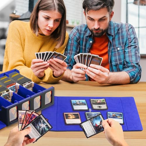 Ultra-Capacity 4-Row Trading Card Storage Box with Commander Display - Holds 3000+ Cards with 12 Dividers & 4 Card Holders, PU Leather Deck Box MTG, Deck Box TCG YuGiOh, Sports Cards - color: Black / Blue