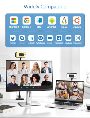Webcam for PC, 4K Streaming Camera with Light, Web Camera for Desktop/Laptop Computer Webcam with Microphone, Plug and Play USB Web Cam with Bracket, for Video Calls and Meetings (Black)