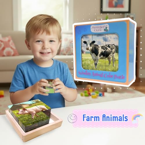 6-in-1 Wooden Animal Puzzle – Montessori Cube Toy for Kids – Realistic Farm Animals Educational Wood Blocks for Toddlers Ages 3–6 - style: Farm Animals