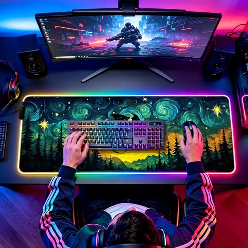 RGB Fantasy Starry Night Forest and Dragon Gaming Desk Mat, Computer Keyboard Large Extended Long LED Mouse Pad for Office and Home, XL (W05) - color: Rgb-w05