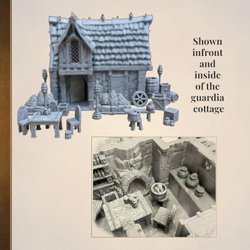 Guardia Cottage Scatter Pack 28mm | Village scatter terrain with furniture, barrels, crates, bushes, and accessories for tabletop RPGs and fantasy settlements.