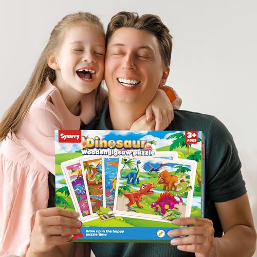 SYNARRY Large Dinosaur Wooden Puzzles for Kids Ages 4-6, 4-in-1 Gift Set | Dinosaur Puzzles for Toddlers & Kids Ages 3-5, Birthday Gifts for Boys & Girls, Educational Dinosaur Toys, Screen-Free Play - style: Dinosaur