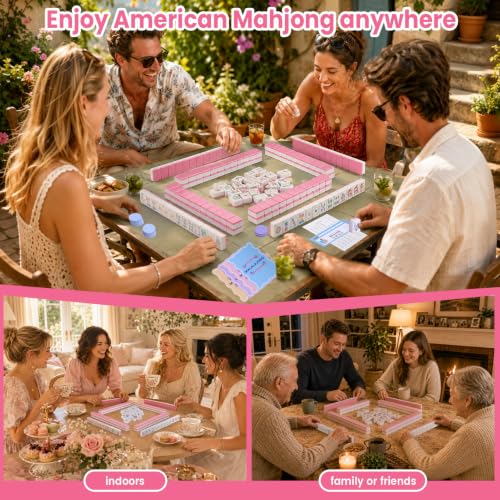 Pink American Mahjong Tile Set, 168 Premium Melamine | Gift-Ready Set with Storage Bag, Dice, Chips & Accessories for Family Game Nights, Parties, Travel and Vacations - color: Pink