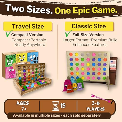 Connect War - 4 in a Row Table Top Game for 2-6 Players, Handcrafted Wooden Games for Family and Group Play, Four in a Row Wood Game