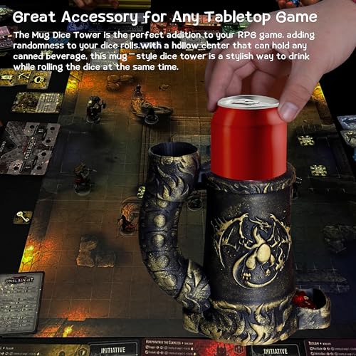 Dice Tower Mug, Dice Rolling Tower, Comes with 7 PCS Dice Set, Suitable for DND Dungeons and Dragons, Tabletop Games, Available As Drink Holder, D&D Gifts, DND Accessories (Gold) - color: Gold