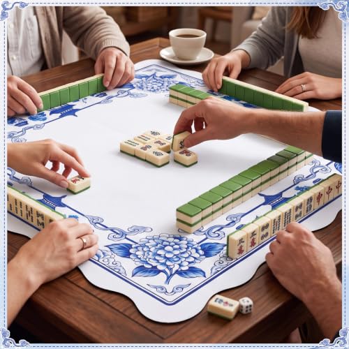 Blue and White Chinoiserie Floral Mahjong Mat 31.5" x 31.5" | Non-slip, Noise Reduction, Gaming Mat with Carrying Bag, Mahjong Table Cover for Poker Board Card Games Dominoes - style: Blue and White