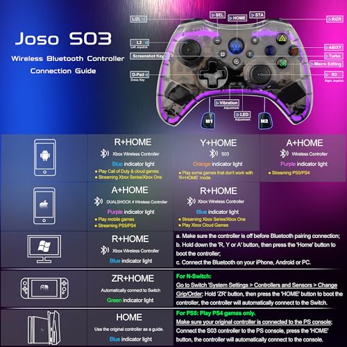 Joso RGB Wireless Mobile Gaming Controller for iPhone, Android, iPad, Tablet, PC, Phone Controller with Phone Clip Supports Cloud Game, COD, Genshin Immpact, Remote Player Gamepad with 2 Back Buttons - color: Black RGB