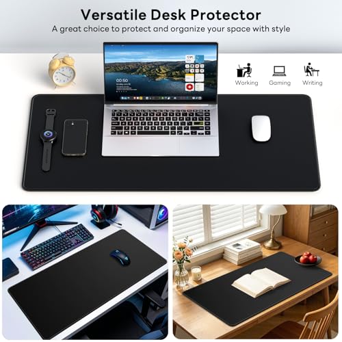 Large Gaming Mouse Pad, XL Desk Protector, Non-Slip Base | 31.5x15.7 in Extended Desk Mat with Stitched Edges for Keyboard, Work, Game, Office, Home PC and Laptop - color: Black