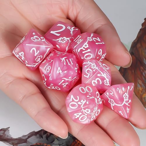 CiaraQ 7pcs Polyhedral Dice Set for Dungeon and Dragons MTG Table Games | Acrylic Role Playing Dice for D&D with Black Velvet Bag β Pink Pearl with White Numbers & Plum Blossom Patterns - color: Pink and White Floral Dice