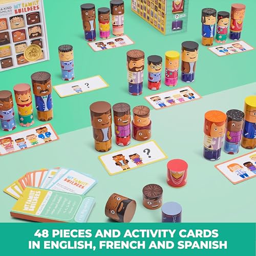 48-Piece Magnetic Wooden Figures with Activity Cards | Multicultural figures in four skin tones for preschool classrooms and child care, cards in English, French and Spanish - size: 48 Piece Set