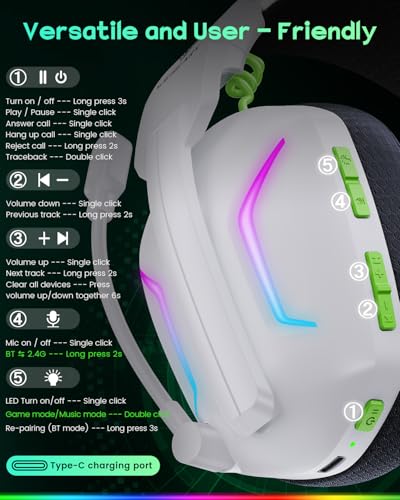 WESEARY Wireless Gaming Headset with Mic for Ps5, Ps4, PC| 3D Spatial Audio | 20ms Ultra-Low Latency, 2.4GHz Bluetooth 5.4 Gaming Headphones, 1200mAH Battery Life for FPS Gamers, White - color: White