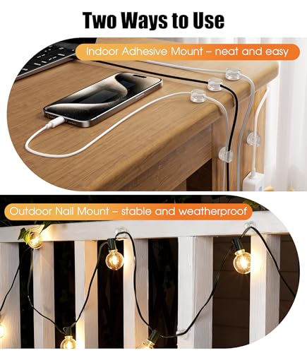 8 Pack Cord Organizer, Ω-Shaped Rotatable Cable Clips, Strong Adhesive Cable Management with Nails, Cord Holder for Nightstand, Desk, and Wall (Clear)