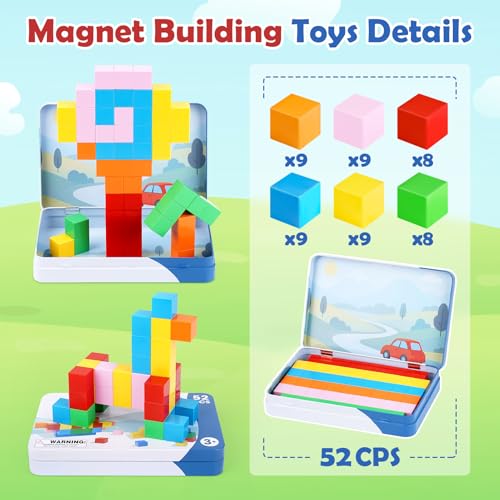 52 PCS Magnetic Blocks with Metal Box, 0.8in Mini Building Cubes Travel Toy | Magnetic Building Blocks Travel Airplane Classroom Toys for Kids Ages 3+, STEM Educational Toys for Boys Girls Birthday Gifts - color: Colorful