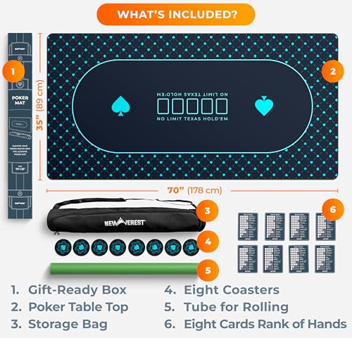 Newverest Poker Table Top 70" x 35", Texas Hold'em Poker Mat for Home Game Nights Up to 10 Players, Casino| Poker Topper Cloth for Tables in Zipper Storage Bag with 8 Coasters in Poker Gift-Ready Box - color: Blue