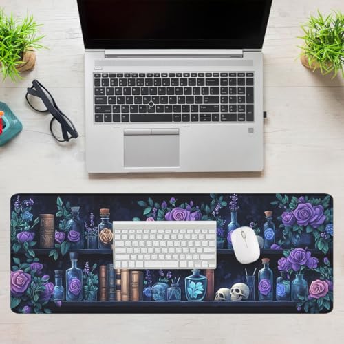 Bookshelf Gaming Mouse Pad Purple Roses Gothic Fantasy Potion Extended Mousepad Waterproof Stitched Edges Rubber Base Non-Slip Deskmap Computer Keyboard Mat 31.5x11.8 Inch - color: Bookshelf_06, size: 31.5L x 11.8W inches