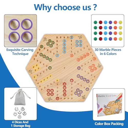 Large 20 inches Wood Wahoo Marble Board Game 2 Sided Game 2-6 Player | solid wooden wahoo marble board game with marbles and dice; fit party game night and indoor group entertainment - color: Large, Natural Wood