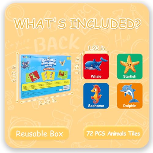 72 PCS Memory Match Game, Animal Matching Game for Kids 3 and up, Enhanced Memory Skills Card Games for Kids Ages 4-8