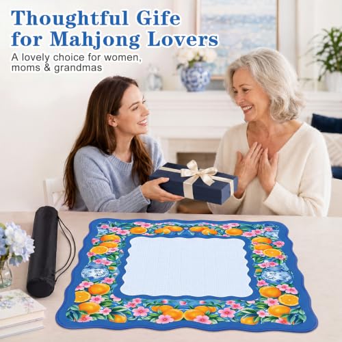 Junkin Blue Citrus Chinoiserie Mahjong Mat 32.3 x 32.3 Inch Upgraded Diatomite Mahjong Table Mat with Carry Bag Scalloped Edge Gift for Women Mom Grandma for Card Board Tile Games - style: Blue Citrus