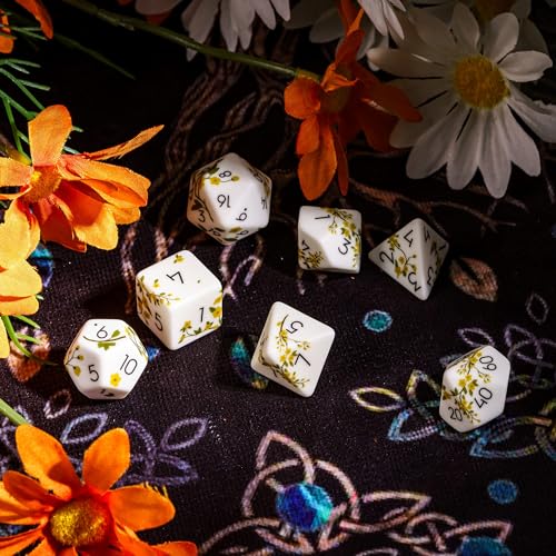 White DND Dice Set Flower Polyhedral Dice Set for D&D Tabletop Games | Premium Gift Box, DM Gift, for Dungeons and Dragons Role Playing Games - color: Pattern-yellow Flower
