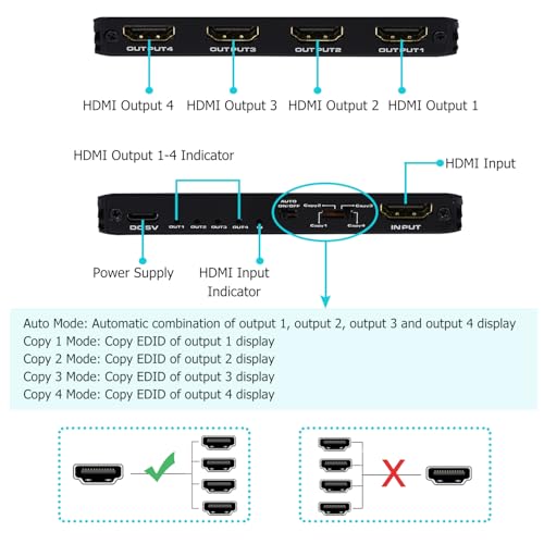8K@60Hz HDMI Splitter 1 in 4 Out, 1x4 HDMI 2.1 Splitter Support 4K@120Hz, 1080P@240Hz VRR HDCP2.3 HDR 10, 48Gbps EDID Dolby Atmos 7.1ch - size: 1x4