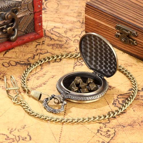 Mini DND Dice Set with Retro Dragon's eyes Pocket Watch Shell Case, DND Starter Set, 7pcs Polyhedral Mini Metal Dice Set, D&D Gifts with Gift Bag, Role Playing Board Game Accessories, Bronze - color: Bronze