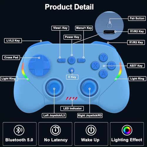 Megadream Phone Controller for PC/Switch 2|Swith/Android/iPad/Tablet/iPhone Controller - RGB light - Hall Effect Trigger/Joystick - Call of Duty, Roblox, Genshin Impact, Direct Play, Blue - color: Blu