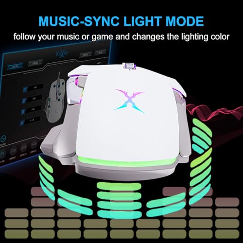 FOXXRAY BM-88 RGB Gaming Mouse, 7200 DPI, Musicsync Backlit, Wired Optical Mouse with 7 Programmable Buttons, 13 Lighting Effects, Braided Cable, Gaming Mouse for PC/Laptop - White