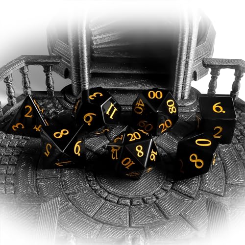 Natural Obsidian Dice Set, 7-Piece Hand-Carved Polyhedral Dice for Dungeons & Dragons (D&D), Pathfinder, Call of Cthulhu, Tabletop RPG Gaming, Collectible Gemstone Dice with Gold Numbering (Black) - color: Black