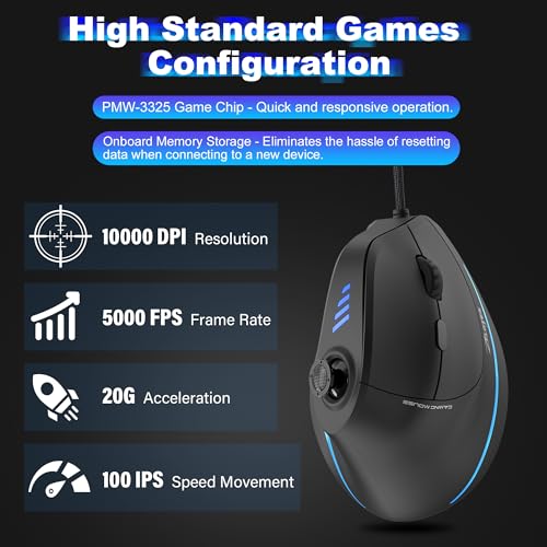 TRELC Gaming Mouse with 5 D Rocker, Vertical Ergonomic Mouse with 11 Programmable Buttons, 10000 DPI, On-Board Memory, Optical Computer Mice for PC/Laptop/E-Sports/Gamer (Wired)