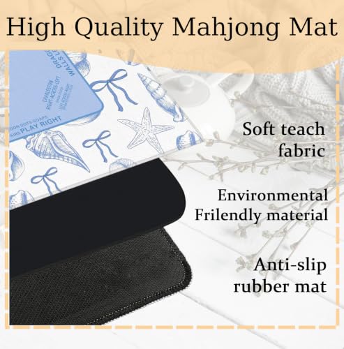 Blue Bow Coastal Beach Mahjong Mat 31.5 x 31.5 Inch, Nautical Starfish Conch Non-Slip Noise Reduction Mahjong Table Mat for American Mah Jong Poker Card Board Games Dominoes - color: Blue Bow Coastal