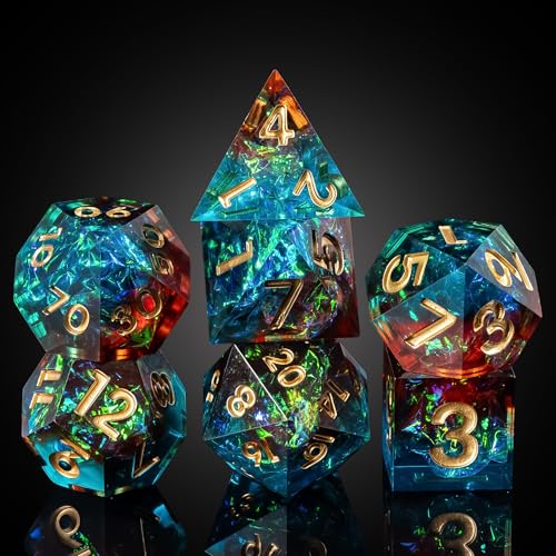 7PCS DND Dice Set,Handmade Sharp Edge Dice Set D&D RPG Polyhedral Die,for Dungeons and Dragons TTRPG Games Roleplaying Games Pathfinder,with Gift Box(Blue with Brown) - color: Starry Sky(blue With Brown)