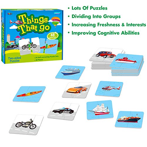 48 Vehicle Matching Puzzles with Error-Correction Mechanism Pre-Primer in 2 Pieces, Perfect for Preschool Learning (24 Blocks Double Sided) - style: Vehicle-A